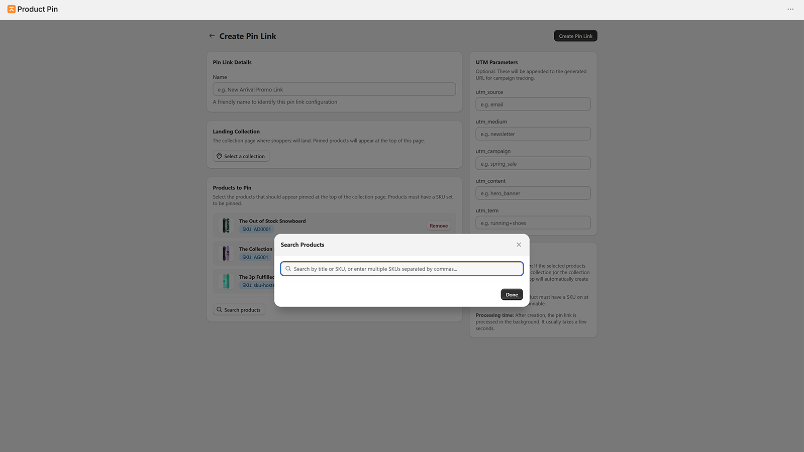 Product Pin create pin link screen with product search modal